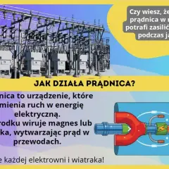Prądnica zamienia ruch w energię elektryczną. Schemat pokazuje jej działanie, a zdjęcie przedstawia infrastrukturę energetyczną.