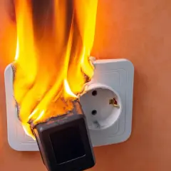 Płonąca wtyczka w gniazdku elektrycznym, groźny zwarcie elektryczne.