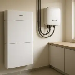 Nowoczesny system magazynowania energii elektrycznej z białym modułem bateryjnym i falownikiem na ścianie.