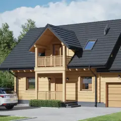 Drewniany dom z balkonem i garażem. Przed domem ganek z balustradą, obok zaparkowany srebrny SUV.