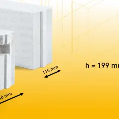Ytong wymiary: bloczki z betonu komórkowego o długości 240 mm, szerokości 115 mm i wysokości 199 mm.