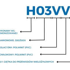 Schemat oznaczenia przewodów elektrycznych H03VV-F: norma, napięcie 300/300V, izolacja i powłoka PVC, giętka żyła.