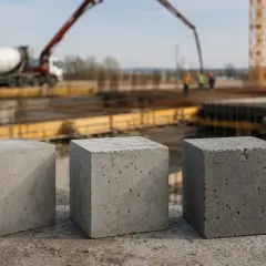 Trzy kostki betonu, reprezentujące klasę ekspozycji betonu, na tle budowy z betoniarką i dźwigiem.