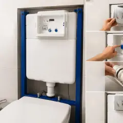 Montaż spłuczki podtynkowej. Woda leci ze spłuczki podtynkowej, gdy mechanizm jest czyszczony i przycisk spłukujący jest montowany.