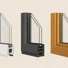 Przekroje trzech rodzajów okien: białe PCV, ciemnoszare aluminium, drewniane.