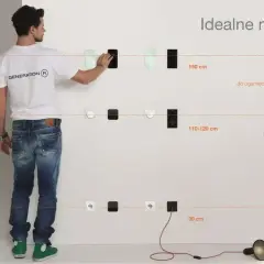 Mężczyzna pokazuje idealne miejsce na włącznik światła: 150 cm dla informacji, 110-120 cm dla akcji, 30 cm dla zasilania.