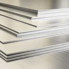 Stosy gładkich, metalicznych arkuszy blachy, ułożonych pod kątem, odbijają światło.