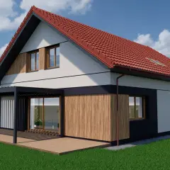 Jaki kolor elewacji do czerwonego dachu? Jasnoszara, grafitowa i drewniana elewacja świetnie komponuje się z czerwonym dachem nowoczesnego domu.