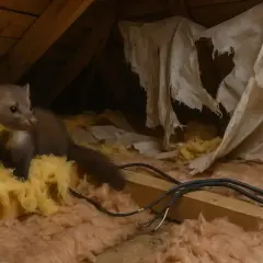 Kuna na strychu, ukryta w izolacji, wśród zniszczonej tkaniny i kabli.