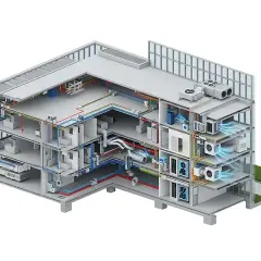 Przekrój budynku pokazuje system HVAC: ogrzewanie, wentylacja i klimatyzacja. Rury i kanały rozprowadzają powietrze i płyny.