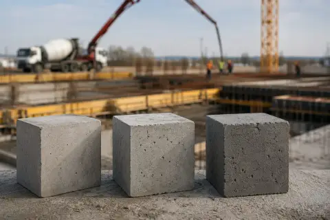 Trzy kostki betonu, reprezentujące klasę ekspozycji betonu, na tle budowy z betoniarką i dźwigiem.