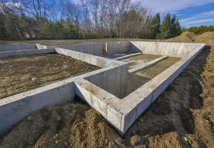 Solidny, jaki beton na fundament? Wylewane ławy fundamentowe pod przyszły dom, otoczone ziemią i drzewami.