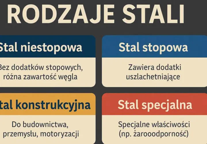 Rodzaje stali: niestopowa (bez dodatków, różna zawartość węgla), stopowa (z dodatkami uszlachetniającymi), konstrukcyjna (do budownictwa, przemysłu, motoryzacji) i specjalna (np. żaroodporna).