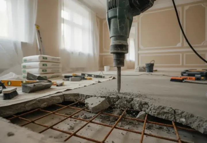 Mocny młot udarowy wykonuje kucie betonu, odsłaniając zbrojenie. W tle materiały budowlane i narzędzia.