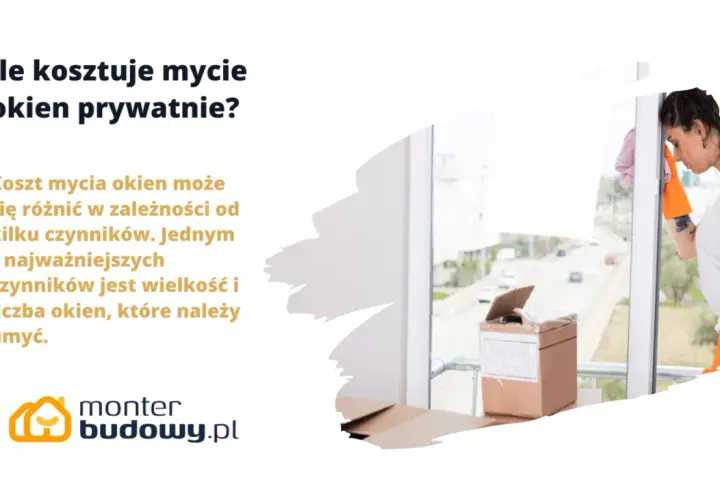 Sprawdź mycie okien cennik. Kobieta w pomarańczowych rękawicach czyści okno, obok kartony.