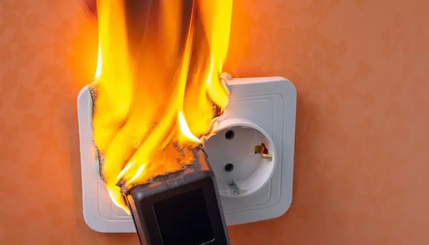 Płonąca wtyczka w gniazdku elektrycznym, groźny zwarcie elektryczne.