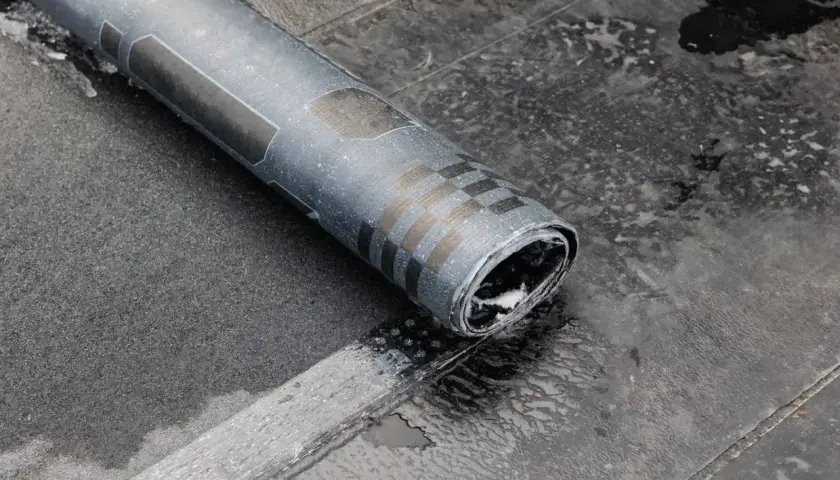 Zrolowana papa na zimno, z charakterystycznym wzorem, leży na mokrej, ciemnej powierzchni.