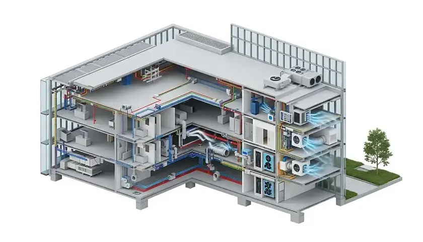 Przekrój budynku pokazuje system HVAC: ogrzewanie, wentylacja i klimatyzacja. Rury i kanały rozprowadzają powietrze i płyny.