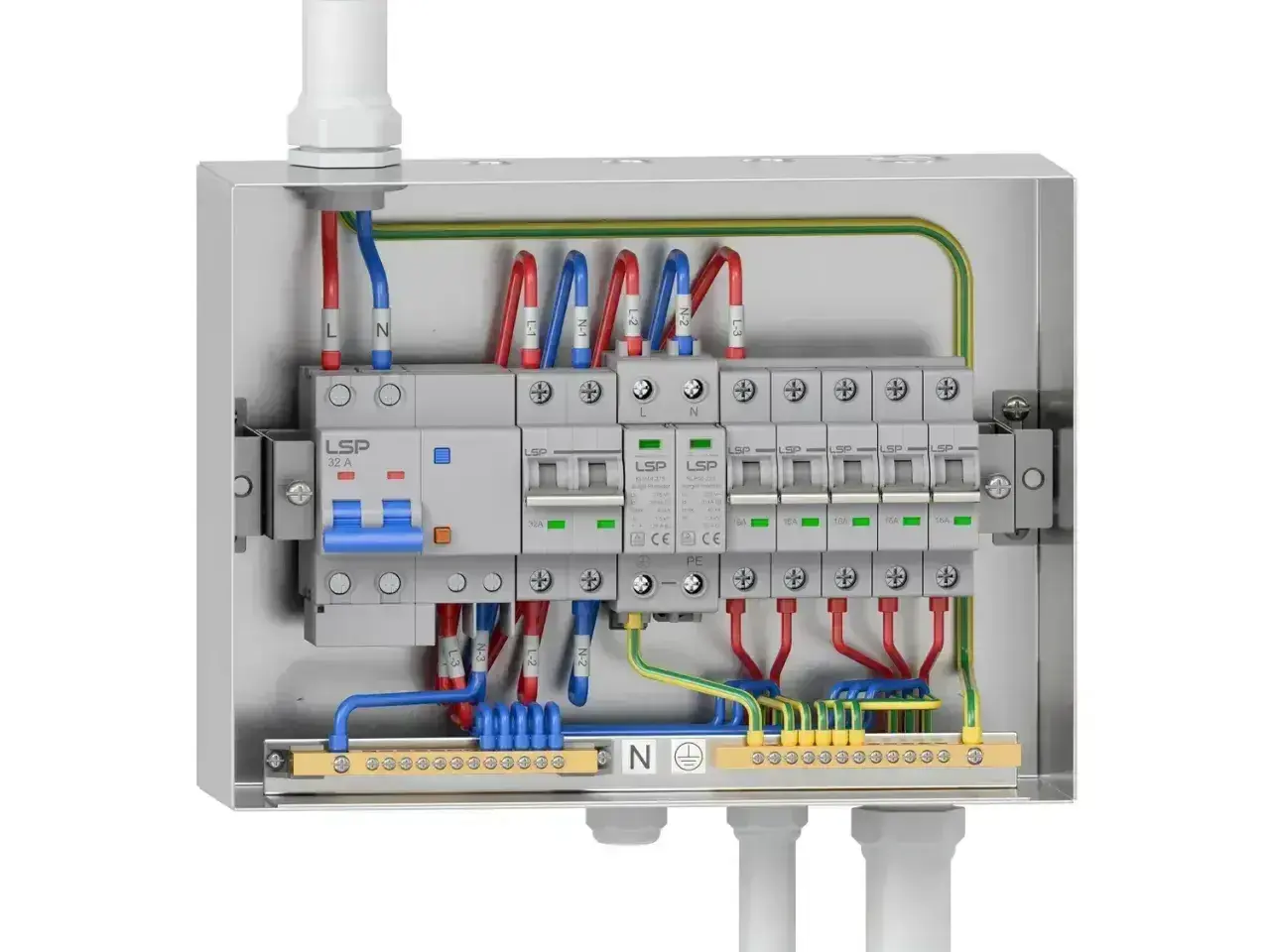Wnętrze skrzynki elektrycznej z wyłącznikiem głównym 32A i kilkoma mniejszymi zabezpieczeniami nadprądowymi, okablowanie L, N, PE.