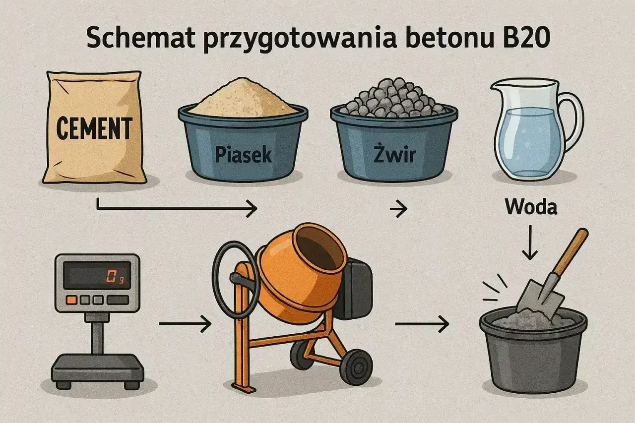 Schemat pokazuje, jak zrobić beton B20: cement, piasek, żwir, woda, waga i betoniarka.