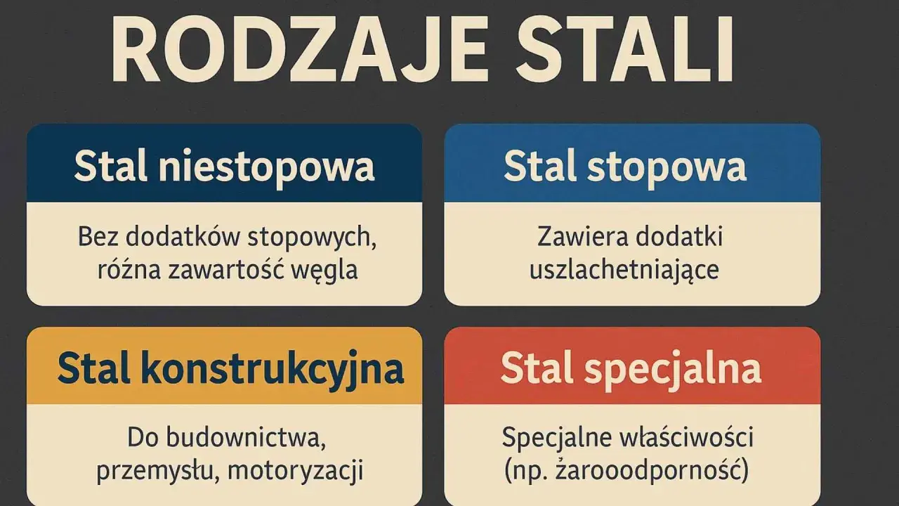 Rodzaje stali: niestopowa (bez dodatków, różna zawartość węgla), stopowa (z dodatkami uszlachetniającymi), konstrukcyjna (do budownictwa, przemysłu, motoryzacji) i specjalna (np. żaroodporna).