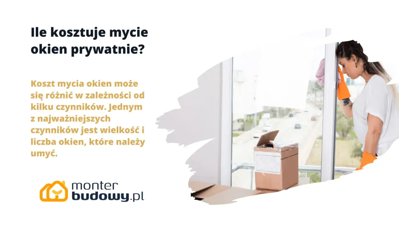 Sprawdź mycie okien cennik. Kobieta w pomarańczowych rękawicach czyści okno, obok kartony.