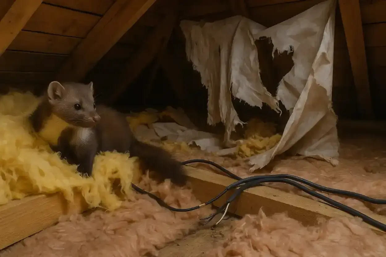 Kuna na strychu, ukryta w izolacji, wśród zniszczonej tkaniny i kabli.