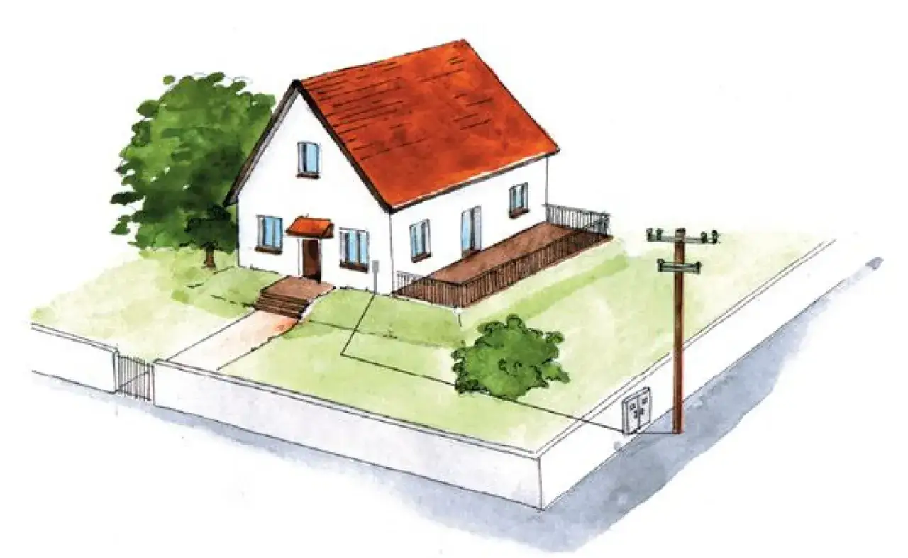 Dom z czerwonym dachem, obok którego biegnie linia energetyczna od słupa do skrzynki, stanowiącej przyłącze elektryczne.