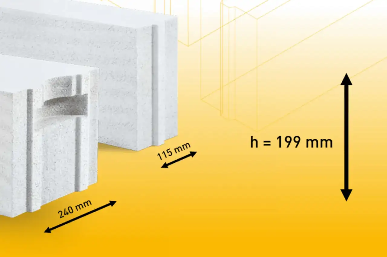 Ytong bloczek z widocznymi wymiarami: 240 mm, 115 mm i wysokością h = 199 mm.