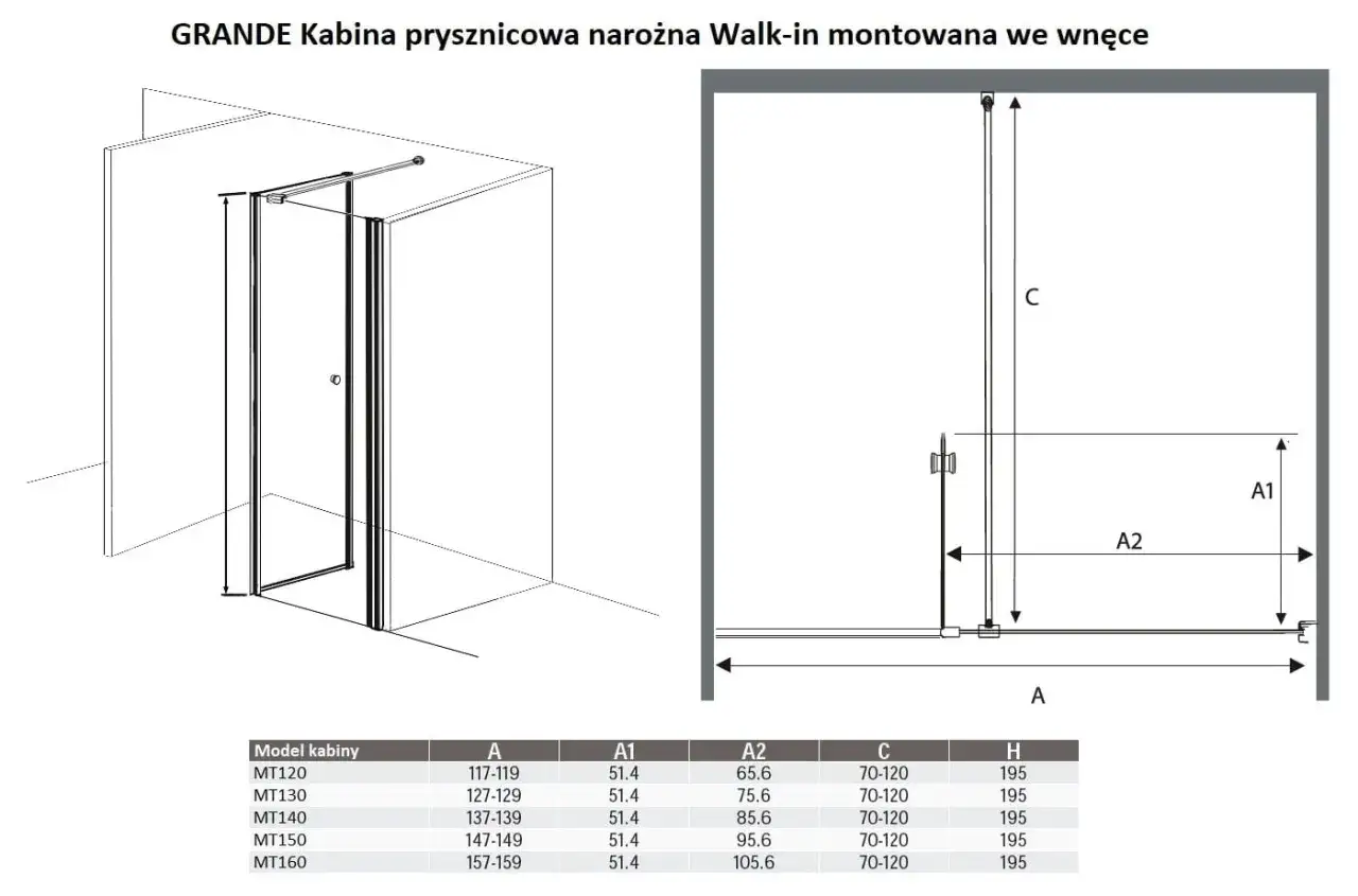 GRANDE Kabina prysznicowa narożna. Schemat z wymiarami A, A1, A2, C, H dla różnych modeli kabin.