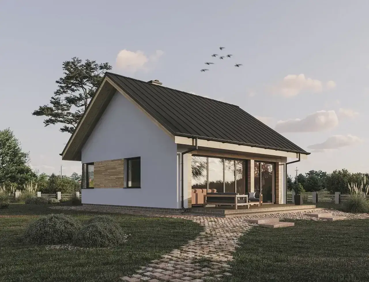Nowoczesny, parterowy dom z dużymi przeszkleniami i czarnym dachem, otoczony zielenią.