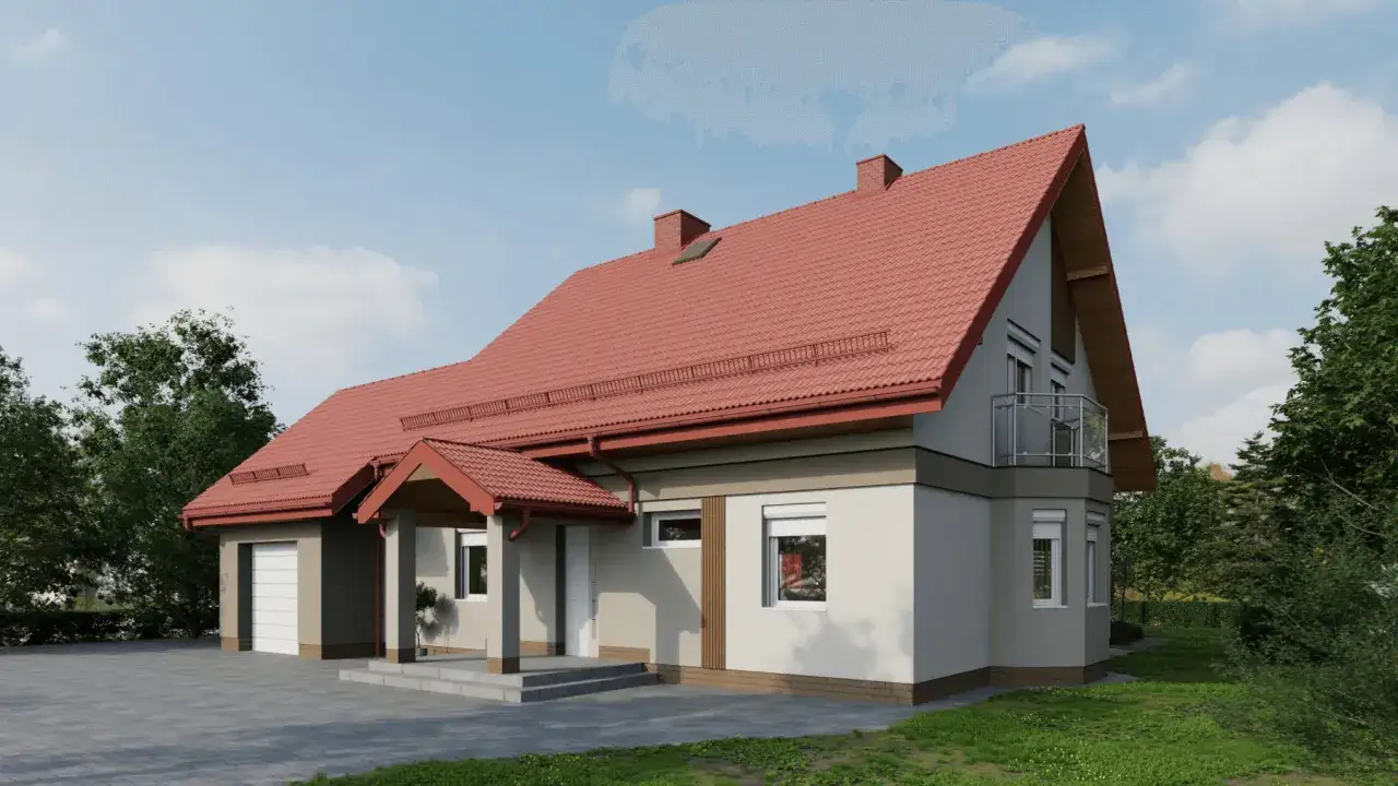 Jasnoszara elewacja pięknie komponuje się z czerwonym dachem, tworząc przytulny wygląd domu.